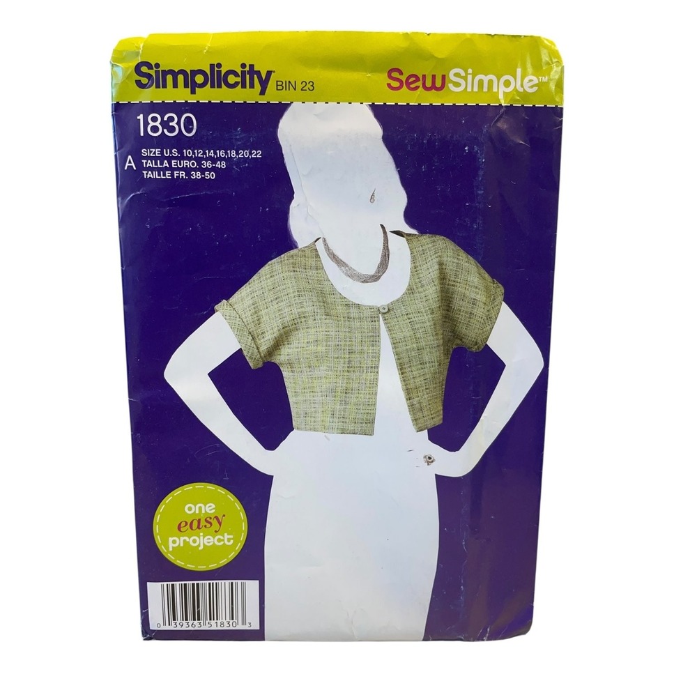 Simplicity Sewing Pattern 1830 Misses 10-22 Cropped Jacket Short Sleeve Uncut